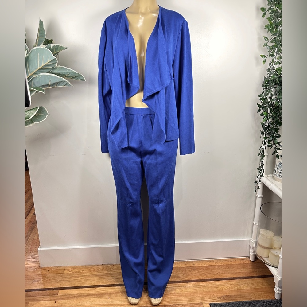 St. John Wool Blend Knit Pant Suit Set Sz 10 / L Pants Cardigan Blue